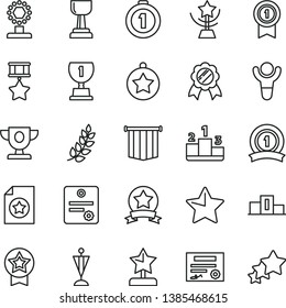 thin line vector icon set - star vector, pedestal, patente, winner, laurel branch, prize, award, cup, gold, reward, medal, pennant, first place, with, ribbon, hero, certificate, flag, three stars