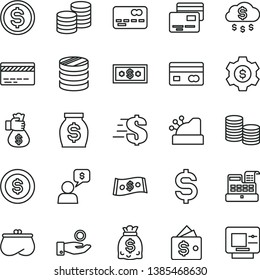 thin line vector icon set - bank card vector, dollar, cards, coins, reverse side of a, front the, column, denomination, catch coin, purse, money, dollars, cash machine, cashbox, bag hand, rain, gear