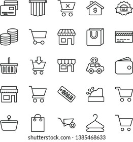 thin line vector icon set - grocery basket vector, bank card, motor vehicle present, building trolley, cart, put in, crossed, bag with handles, cards, kiosk, coins, hanger, shopping, wallet, cashbox