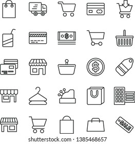 thin line vector icon set - paper bag vector, grocery basket, bank card, e, city block, cart, put in, with handles, cards, kiosk, hanger, label, stall, shopping, reverse side of a, dollar, cash