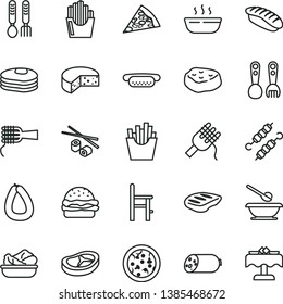 thin line vector icon set - plates and spoons vector, a chair for feeding, plastic fork, iron, sausage, stick of, cheese, pizza, piece, mini hot dog, burger, spaghetti, noodles, porridge, bacon