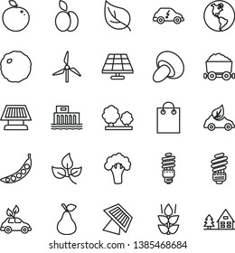 thin line vector icon set - saving light bulb vector, porcini, cabbage, apple, pear, mint, delicious, peas, broccoli, solar panel, leaves, leaf, windmill, planet Earth, hydroelectric station, trees
