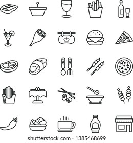 thin line vector icon set - plates and spoons vector, iron fork, coffee, fried vegetables on sticks, pizza, piece of, big burger, lettuce in a plate, grill chicken leg, bacon, chop, barbecue, sushi