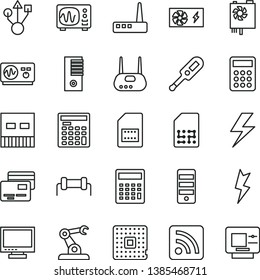 thin line vector icon set - lightning vector, monitor, calculator, rss feed, electronic thermometer e, cards, processor, assembly robot, SIM card, engineer, pc power supply, tower, usb, router, atm
