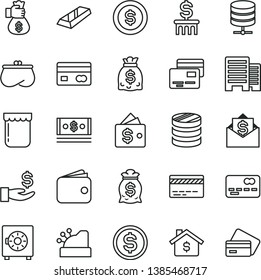 thin line vector icon set - bank card vector, buildings, big data server, strongbox, cards, jam, reverse side of a, front the, column coins, dollar, get wage, wallet, purse, dollars, cash, cashbox