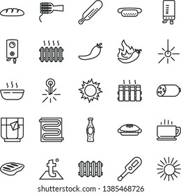 thin line vector icon set - electronic thermometer vector e, mercury, heating coil, temperature, radiator, new, boiler, coffee, sausage, loaf, mini hot dog, noodles, pie, porridge, chop, bottle soda