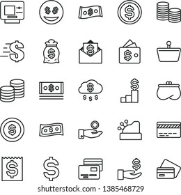 thin line vector icon set - bank card vector, dollar, cards, coins, shopping basket, denomination of the, financial item, get a wage, catch coin, purse, cash, cashbox, money rain, pedestal, bag, atm