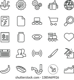 thin line vector icon set - heart symbol vector, tassel, women, measuring cup for feeding, baby toy train, sewerage, star gear, dangers, right bottom arrow, a plate of milk, japanese sushi, banana