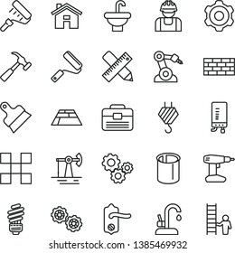 thin line vector icon set - house vector, brickwork, hook, gears, cogwheel, drill, new roller, paint, portfolio, washbasin, saving light bulb, door knob, writing accessories, tile, putty knife