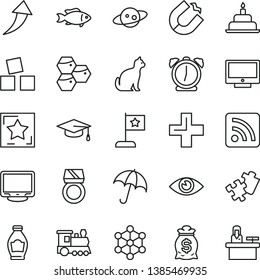 thin line vector icon set - plus vector, rss feed, cubes for children, birthday cake, Puzzle, alarm clock, eye, umbrella, screen, fish, honeycombs, bottle, horseshoe magnet, monitor, graduate hat