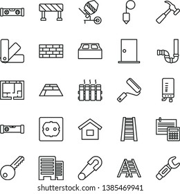 thin line vector icon set - safety pin vector, dwelling, brickwork, concrete mixer, new roller, color samples, stepladder, ladder, siphon, lay out of flat, power socket type f, key, ntrance door