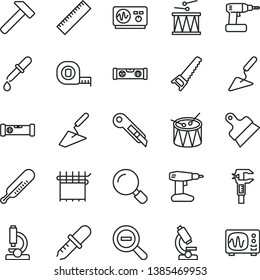 thin line vector icon set - yardstick vector, zoom out, mercury thermometer, drumroll, drum, trowel, building, cordless drill, hand saw, measuring tape, construction level, putty knife, stationery
