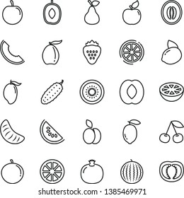 thin line vector icon set - cucumber vector, strawberry, apple, pear, cherry, pomegranate, apricot, water melon, slice of, mango, loquat, delicious plum, half peach, tangerine, tasty, lemon, yellow