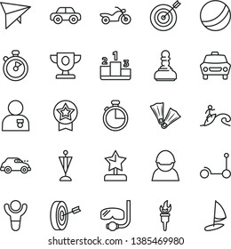 thin line vector icon set - bath ball vector, motor vehicle, Kick scooter, timer, car, pedestal, racer, retro, stopwatch, flame torch, winner, prize, pawn, star reward, man with medal, pennant