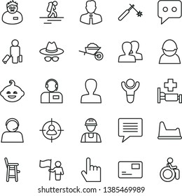 thin line vector icon set - image of thought vector, woman, women, hat with glasses, potty chair, a for feeding child, funny hairdo, builder, garden trolley, employee, index finger, pass card, racer