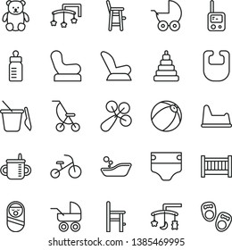 thin line vector icon set - baby cot vector, toys over the cradle, mug for feeding, bottle, diaper, bib, rattle, chair, car child seat, stroller, carriage, summer, bath ball, children's bathroom, a