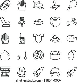 thin line vector icon set - wicker pot vector, Child T shirt, car seat, tumbler, toy phone, small teddy bear, baby train, yule, Kick scooter, canned goods, pizza, onion, chicken leg, piece of meat