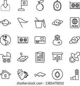 thin line vector icon set - wind direction indicator vector, dummy, baby carriage, children's sand set, yule, passport, planet, move down, small fish, branch of grape, plum, blueberry, delicious