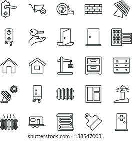 thin line vector icon set - chest of drawers vector, dwelling, brickwork, building trolley, window, long meashuring tape, door knob, ntrance, city block, putty knife, heating coil, new radiator, sun
