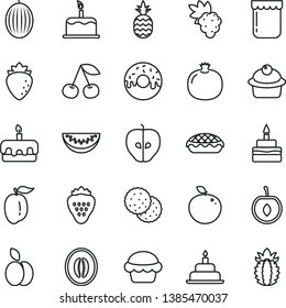 thin line vector icon set - birthday cake vector, muffin, torte, glazed with a hole, apple pie, jam, strawberry, pineapple, biscuit, cherry, pomegranate, grape, tasty, raspberry, melon, half
