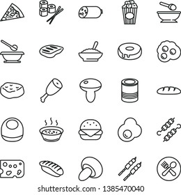 thin line vector icon set - baby bib vector, deep plate with a spoon, plates and spoons, sausage, piece of cheese, loaf, tin, pizza, big burger, mushroom, porcini, cake hole, bowl buckwheat porridge
