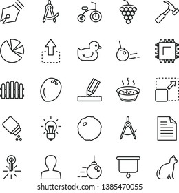 thin line vector icon set - scribbled paper vector, woman, baby powder, duckling, child bicycle, big core, drawing, hedge, hammer with claw, expand picture, move up, porridge in a saucepan, cabbage