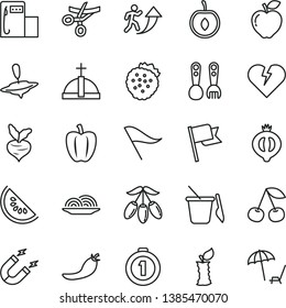 thin line vector icon set - wind direction indicator vector, children's sand set, plastic fork spoons, small yule, broken heart, flag, onion, strawberries, cherry, red apple, half of medlar, stub