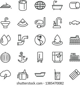 thin line vector icon set - measuring cup for feeding vector, bath, washbasin, kitchen faucet, electronic boiler, anchor, storm cloud, small fish, a glass of soda, tea, water melon, slice, pipes