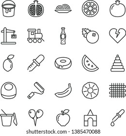 thin line vector icon set - baby bib vector, stacking toy, children's sand set, train, box of bricks, colored air balloons, paint bucket, new roller, broken heart, onion, cake with a hole, half