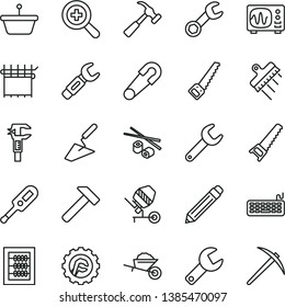 thin line vector icon set - repair key vector, graphite pencil, zoom, new abacus, safety pin, electronic thermometer e, garden trolley, trowel, concrete mixer, hand saw, arm, spatula, star gear, pan