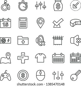 thin line vector icon set - calendar vector, plus, silent mode, upload folder, left bottom arrow, no sound, T shirt, cheese, cloth industry, location, money, calculator, mouse, pc power supply, map