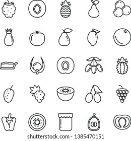 thin line vector icon set - cake slice vector, peper, jam, pear, orange, half apricot, grape, large, plum, rose hip, cornels, blackberry, blueberries, tasty mulberry, mango, goji berry, loquat, kiwi