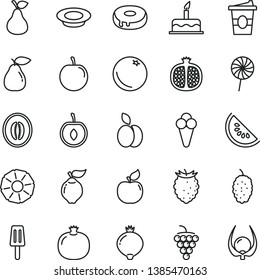 thin line vector icon set - cake vector, with a hole, plate of milk, lollipop, coffe to go, popsicle, cone, apple, pear, orange, pomegranate, half, large grape, quince, apricot, medlar, mulberry
