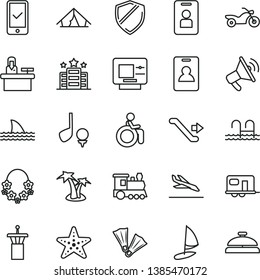 thin line vector icon set - train vector, camper, motorcycle, airport tower, escalator, identity card, phone registration, arrival, atm, tent, palm tree, hawaii wreath, pool, starfish, flippers