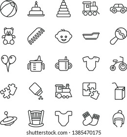 thin line vector icon set - cradle vector, mug for feeding, measuring cup, baby powder, t short, Child shirt, beanbag, bath ball, comb, stacking toy, warm socks, motor vehicle, teddy bear, train