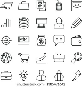 thin line vector icon set - shopping cart vector, vintage sign, billboard, magnifier, portfolio, briefcase, woman, man in sight, planet, column of coins, bar chart, pencil, wallet, money, cash, bulb