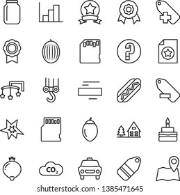 thin line vector icon set - minus vector, add label, remove, negative histogram, question, toys over the cot, winch hook, car, Hot Dog, birthday cake, medlar, melon, tamarillo, CO2, jar, sd card