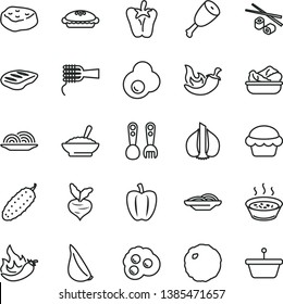 Thin Line Vector Icon Set - Plastic Fork Spoons Vector, Onion, Slices Of, Noodles, Cake, Pie, A Bowl Buckwheat Porridge, In Saucepan, Lettuce Plate, Chicken Thigh, Chop, Cabbage, Piece Meat, Chili