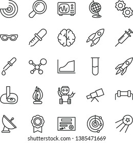thin line vector icon set - test tube vector, telescope, molecule, glasses, zoom, brain, gears, pipette, globe, oscilloscope, flame, artifical insimination, growth graph, radar, medal, robot, rocket