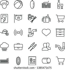 thin line vector icon set - heart symbol vector, keyboard, women, storage unit, measuring cup for feeding, baby bath ball, cloud, garden trolley, sewerage, dangers, barbecue, sushi set, date fruit