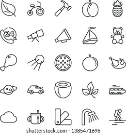 thin line vector icon set - horn vector, mug for feeding, teddy bear, child bicycle, color samples, shower, hammer with claw, 24, artificial satellite, chicken, leg, apple, tangerine, coconut, leaf