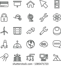 thin line vector icon set - bank card vector, growth up, toys over the cradle, chest of drawers, baby bib, house, garden trolley, interroom door, lock, artificial satellite, marine propeller, speech
