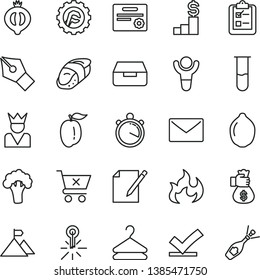thin line vector icon set - star gear vector, envelope, drawer, notes, crossed cart, survey, hanger, sushi, half of medlar, ripe plum, lime, broccoli, mercury thermometer, test tube, flame, ink pen