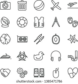 thin line vector icon set - baby duckling vector, bath ball, shoes for little children, siphon, dust bin, headphones, barbecue, delicious plum, gears, hand shake, mouse, gpu card, pc speaker, brain