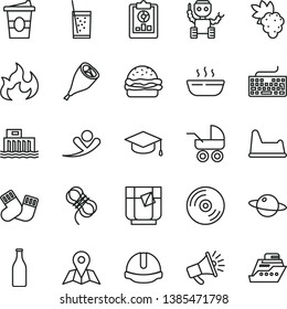 thin line vector icon set - keyboard vector, baby carriage, warm socks, potty chair, construction helmet, hawser, CD, map, square academic hat, planet, burger, hot porridge, grill chicken leg, tea
