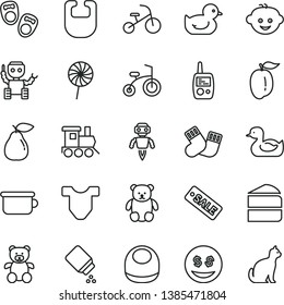 thin line vector icon set - baby powder vector, bib, Child T shirt, rubber duck, duckling, warm socks, toy mobile phone, children's potty, teddy bear, small, hairdo, train, bicycle, tricycle, pear