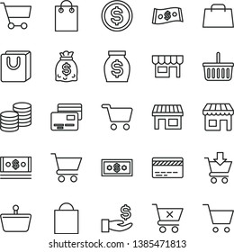 thin line vector icon set - paper bag vector, grocery basket, bank card, cart, put in, crossed, with handles, cards, kiosk, coins, stall, shopping, dollar, get a wage, money, dollars, cash, hand