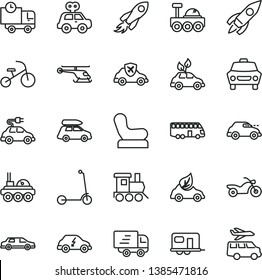 thin line vector icon set - Baby chair vector, motor vehicle present, toy train, tricycle, child Kick scooter, car, delivery, eco, environmentally friendly transport, electric, retro, autopilot, bus