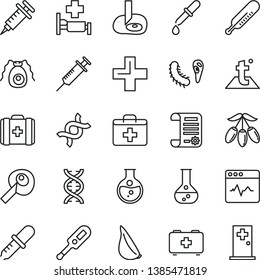 thin line vector icon set - first aid kit vector, plus, electronic thermometer e, mercury, bag of a paramedic, medical, temperature, cardiogram, garlic, goji berry, round flask, research article