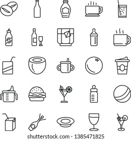 thin line vector icon set - mug for feeding vector, measuring cup, bottle, bath ball, e, packing of juice with a straw, coffee, burger, plate milk, beans, tea, coffe to go, glass soda, cocktail